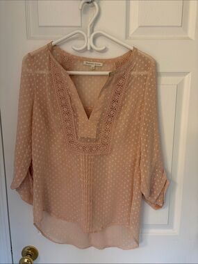 Daniel Rainn Blush Pink Swiss Dot Lace-Trim Peasant Top